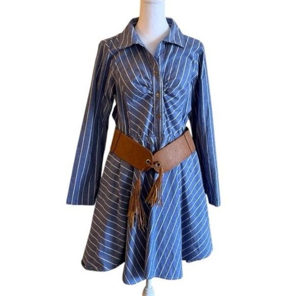 Venus Blue Striped Shirt Dress Size Large Long Sleeve Belted Button Front Flare - Picture 1 of 7